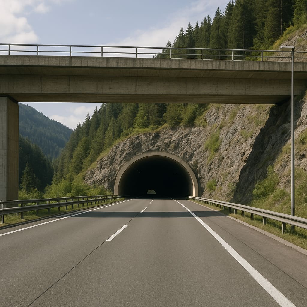 Österreichische Mautstrecke mit Tunnel und Straßeninfrastruktur